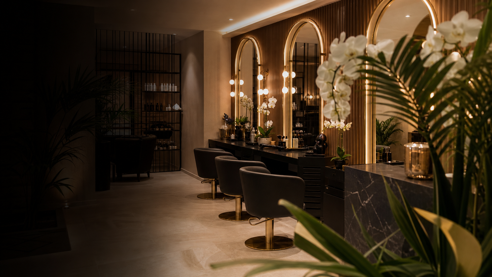 Boutique hotel hangulatú szalon-enteriőr Zuglóban, arany részletekkel és orchideákkal